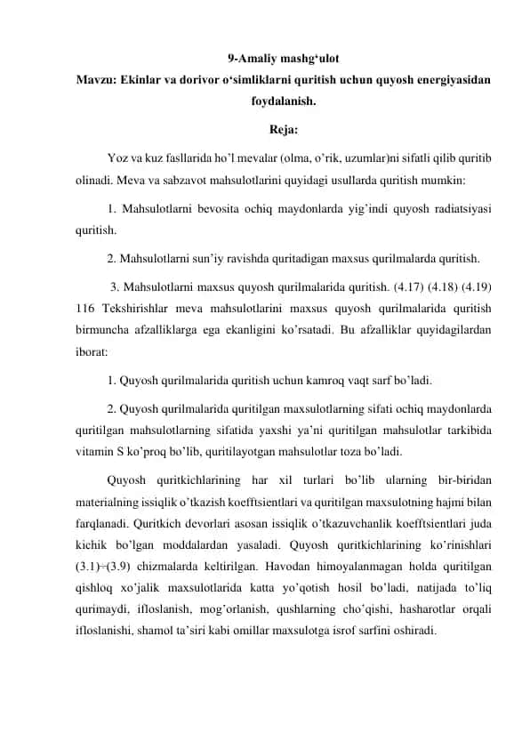Ekinlar va dorivor o‘simliklarni quritish uchun quyosh energiyasidan foydalanish