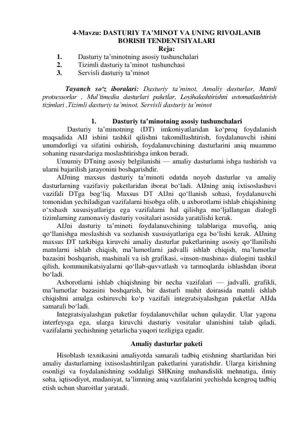 Dasturiy Ta'minot va uning Rivojlanib Borish Tendentsiyalari