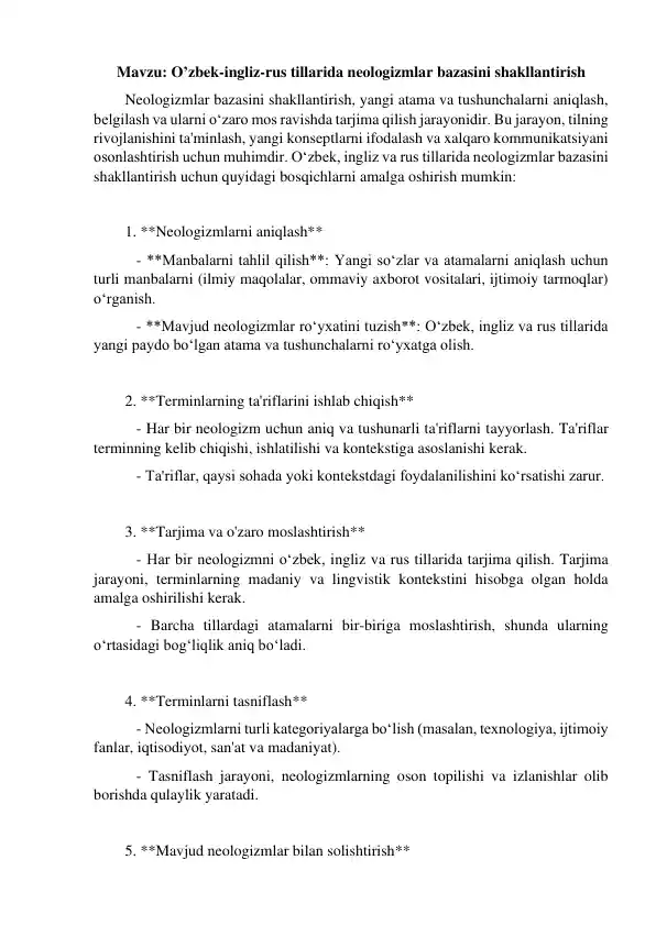 Neologizmlar bazasini shakllantirish