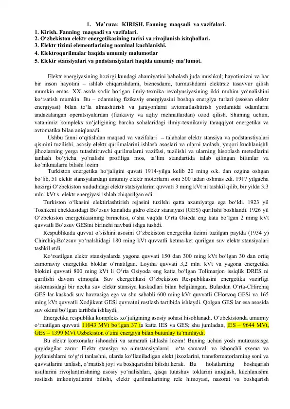 Elektr energiyasi fani haqida ma'ruzalar