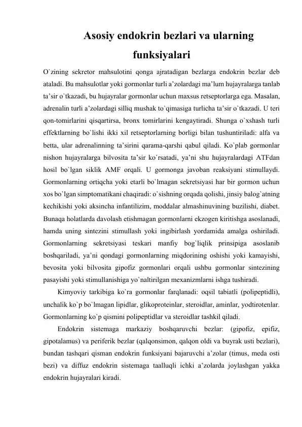 Endokrin bezlar va ularning funksiyalari