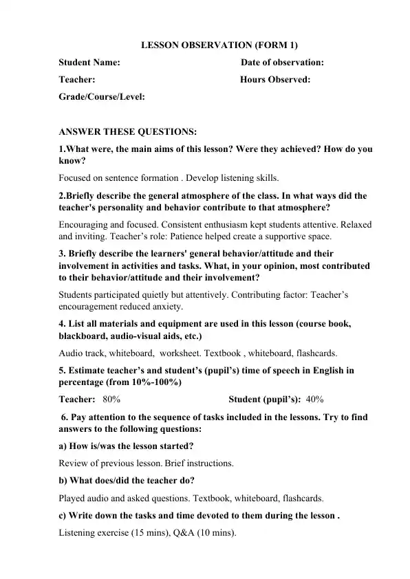 LESSON OBSERVATION (FORM 1)