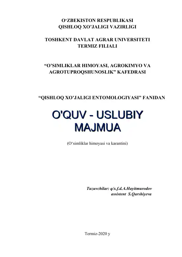 O'quv-uslubiy majmua "Qishloq xo'jaligi entomologiyasi"