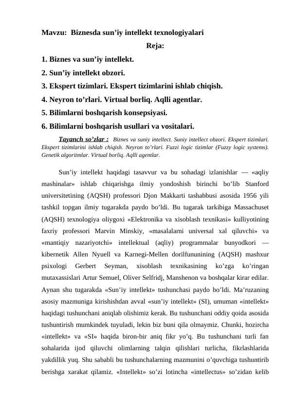 Biznesda sun’iy intellekt texnologiyalari