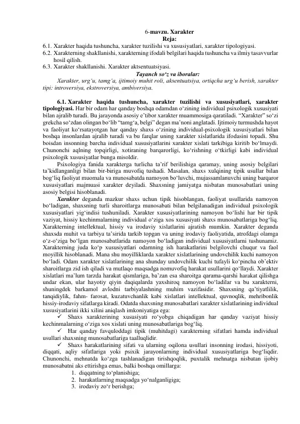 Xarakter haqida tushuncha va tavsifi