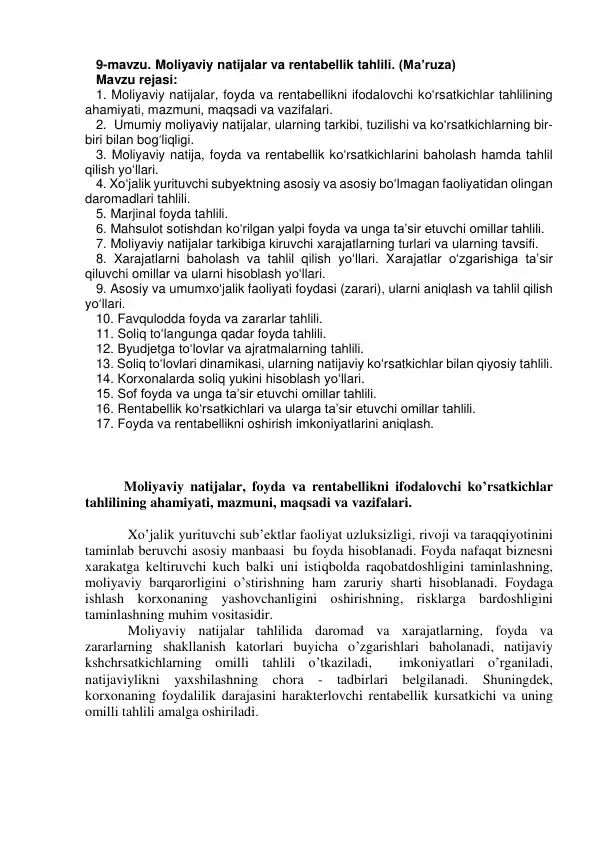 Moliyaviy natijalar va rentabellik tahlili