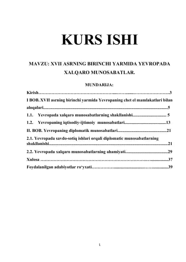 XVII asrning birinchi yarmida Yevropada xalqaro munosabatlar bo‘yicha kurs ishi