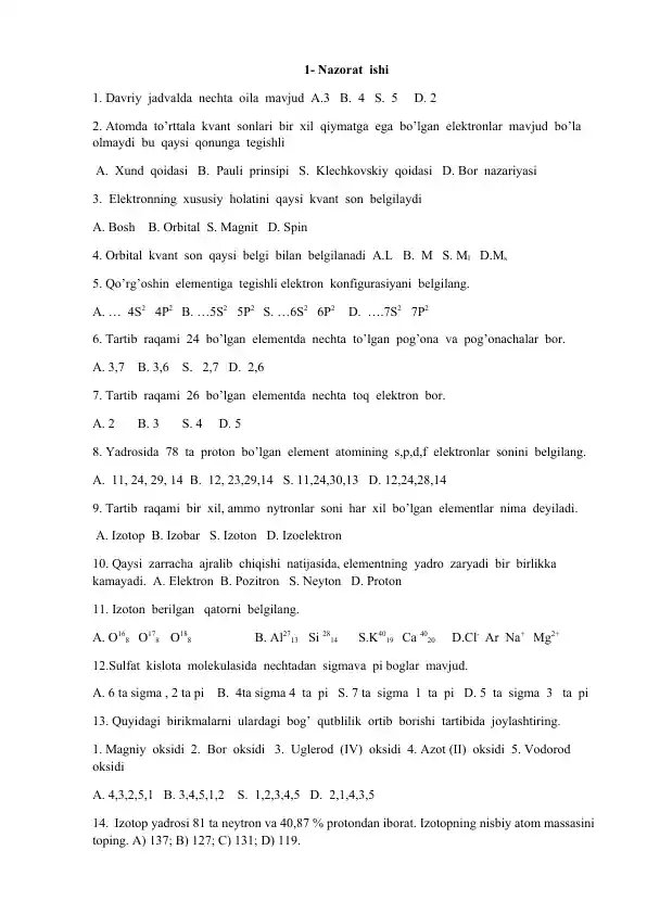 Kimyo nazariyasi test savollar