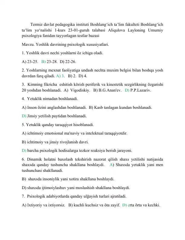 Umumiy psixologiya fanidan tayyorlagan testlar bazasi