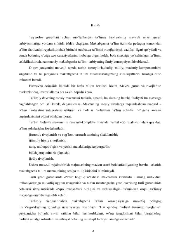 Tayyorlov guruhlari uchun mavzuli ta’limiy faoliyat rejasi (tematik reja)