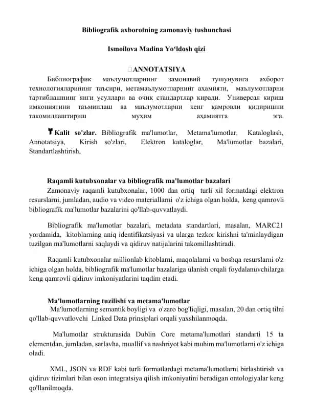 Bibliografik axborotning zamonaviy tushunchasi