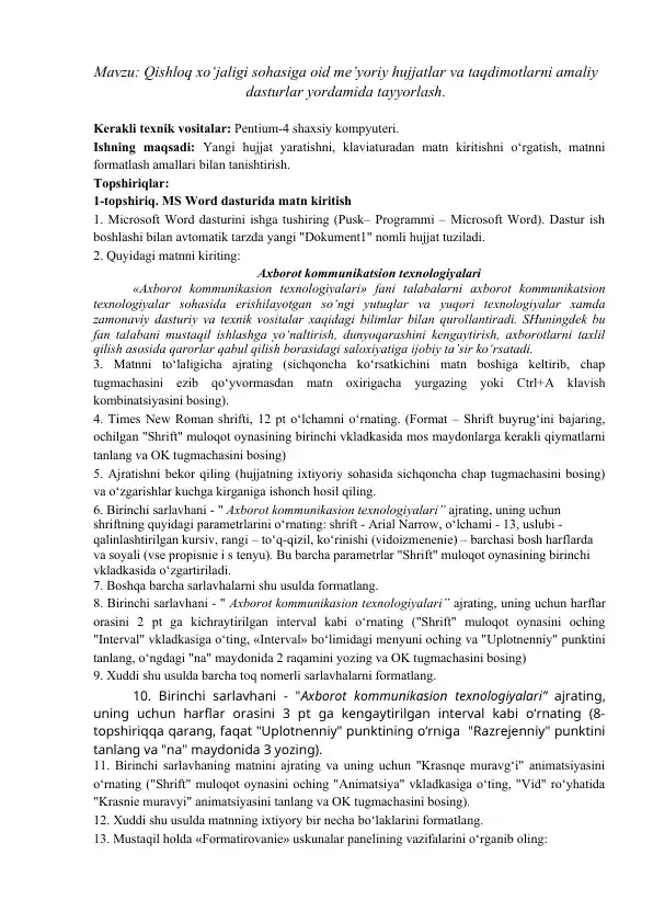 MS Word dasturida matn kiritish