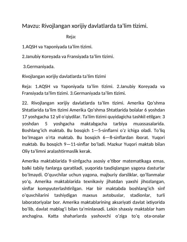 Rivojlangan xorijiy davlatlarda ta’lim tizimi