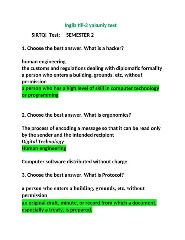 Ingliz tili-2 yakuniy test SIRTQI Test