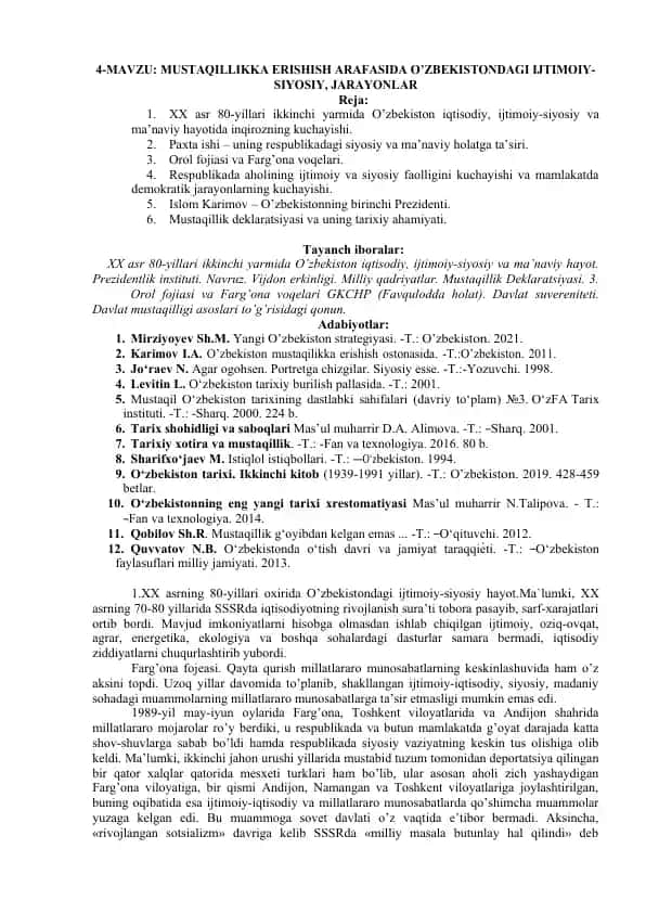 O‘zbekistonning Mustaqillikka Erishish Arafasida Ijtimoiy-Siyosiy Jarayonlar