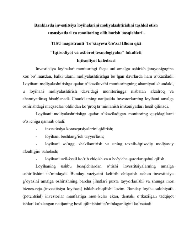 Investitsiya loyihalarini moliyalashtirishni tashkil etishning xususiyatlari va monitoring bosqichlari