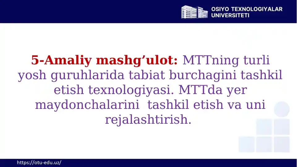MTTning turli yosh guruhlаridа tаbiаt burchаgini tаshkil etish texnologiyasi