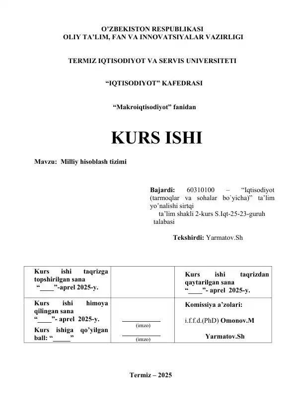 KURS ISHI Milliy hisoblash tizimi