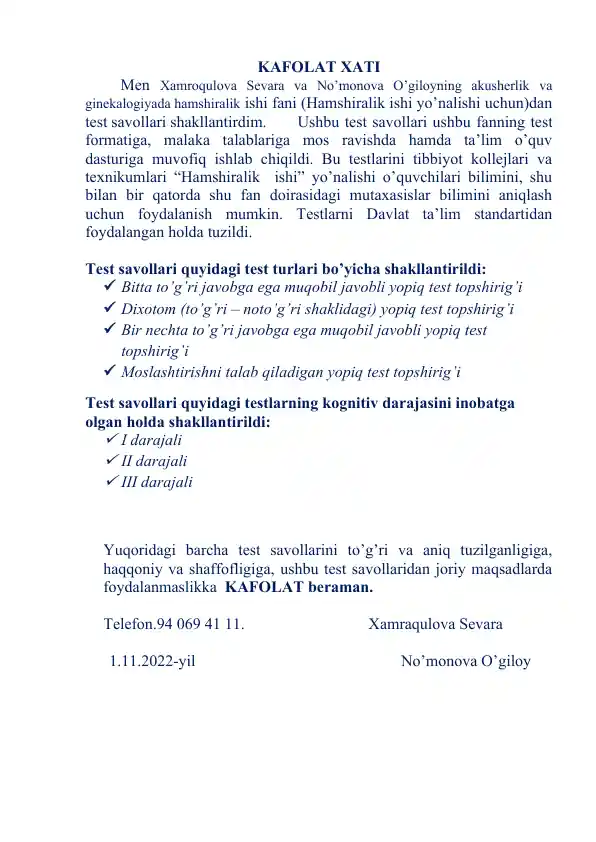 Akusherlik fanidan test savollari
