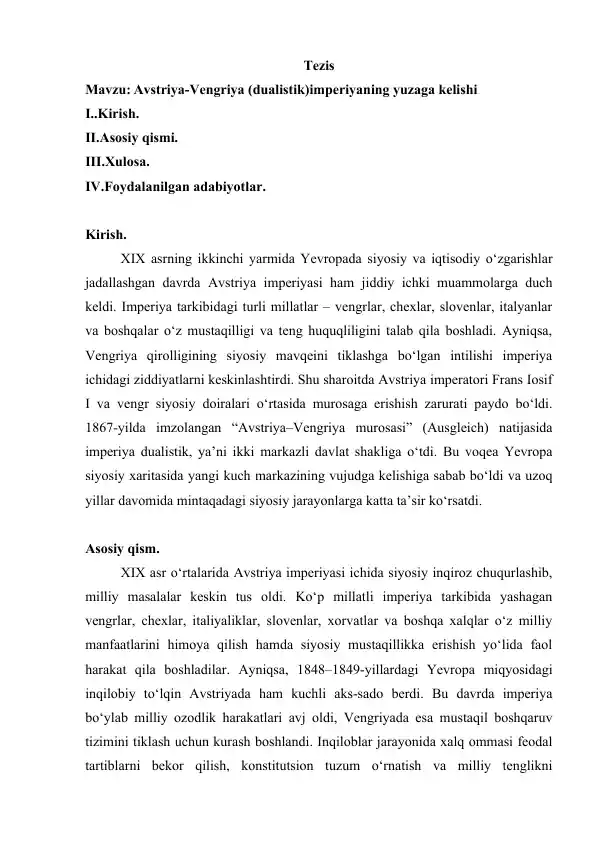 Avstriya-Vengriya (dualistik) Imperiyasining Yuzaga Kelishi