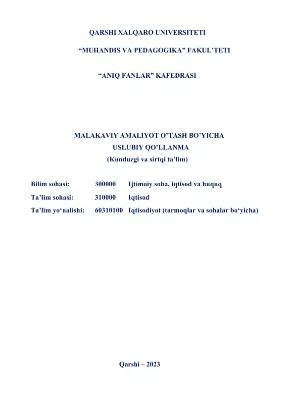 Malakaviy Amaliyot O'tash Bo'yi Uslubiy Qo'llanma