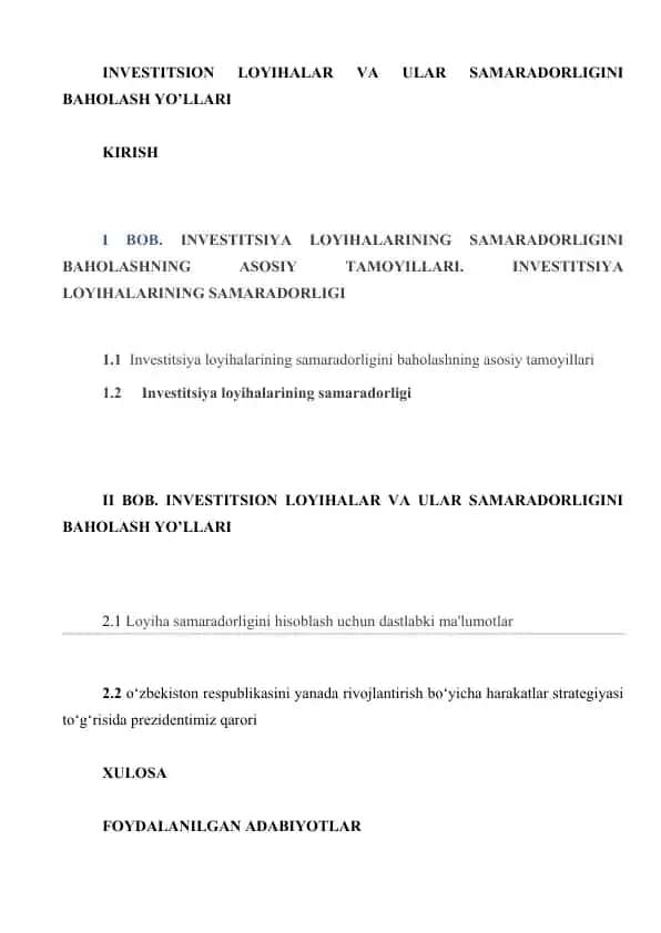 Investitsion loyihalar va ular samaradorligini baholash yo‘llari