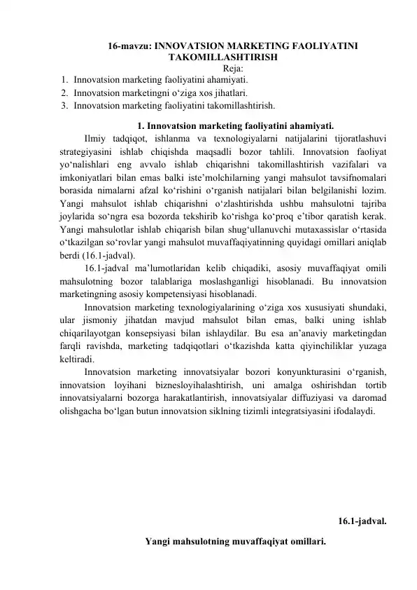 INNOVATSION MARKETING FAOLIYATINI TAKOMILLASHTIRISH