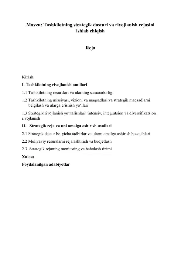 Tashkilotning strategik dasturi va rivojlanish rejasini ishlab chiqish