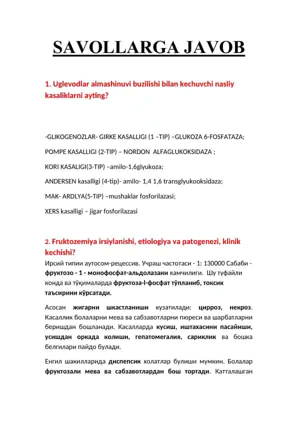 Fruktozemiya kasalligi