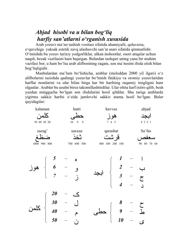 Abjad hisobi va u bilan bog‘liq harfiy san’atlarni o‘rganish xususida