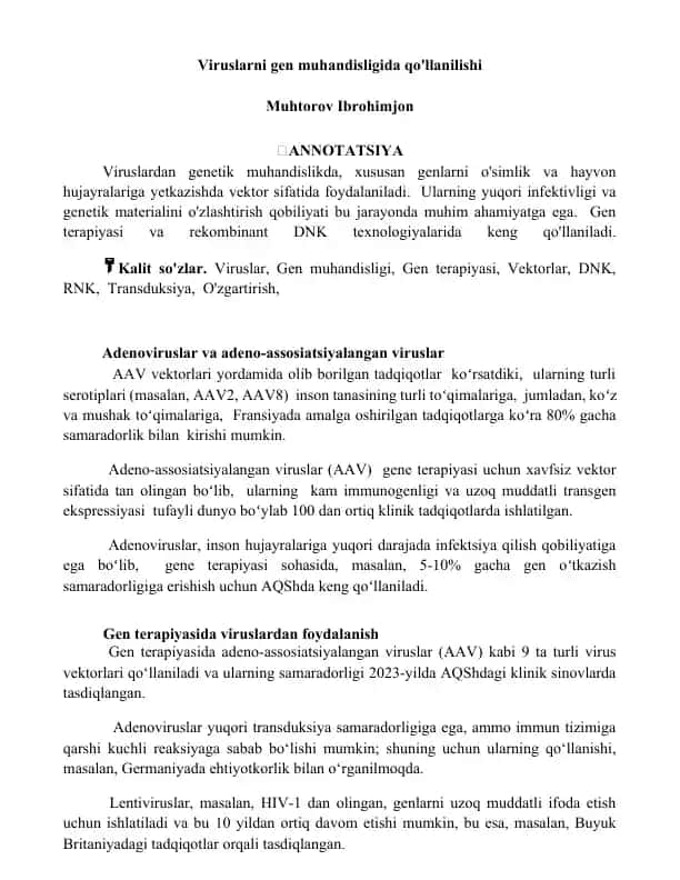 Viruslarni gen muhandisligida qo'llanilishi
