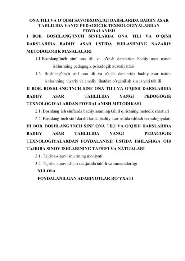 ONA TILI VA O’QISH SAVODXONLIGI DARSLARIDA BADIIY ASAR TAHLILIDA YANGI PEDAGOGIK TEXNOLOGIYALARDAN FOYDALANISH