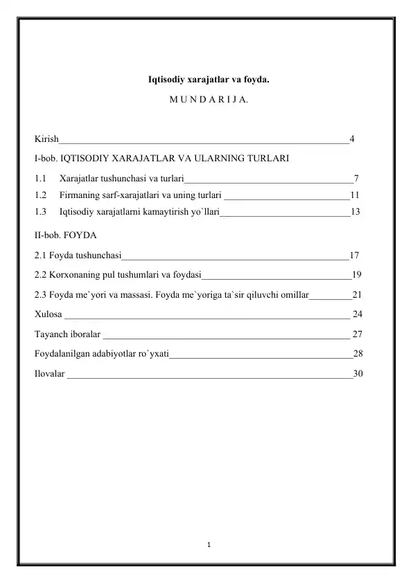 IQTISODIY XARAJATLAR VA FOYDA