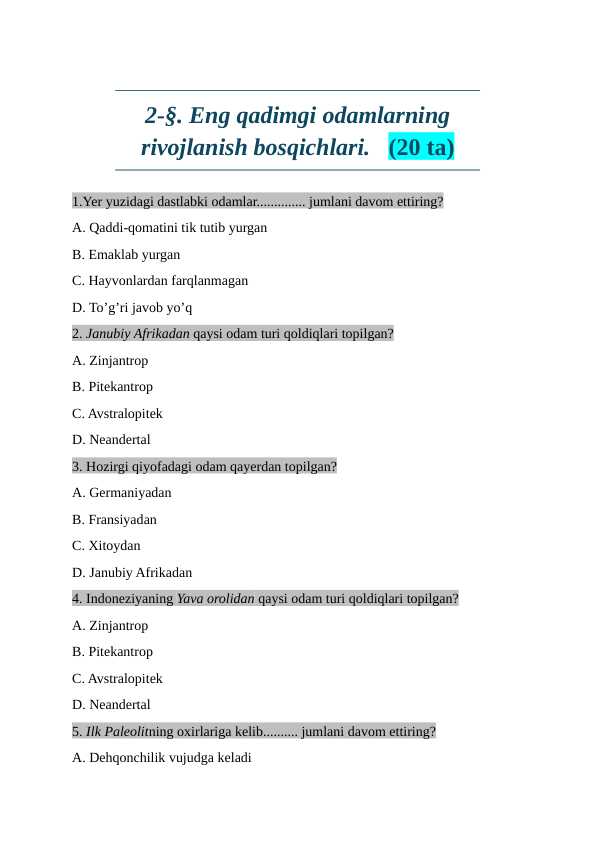 6-sinf tarix test mavzulashtrilgan javoblari bilan