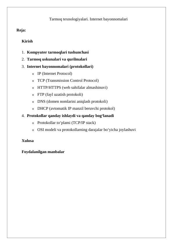 Tarmoq texnologiyalari. Internet bayonnomalari