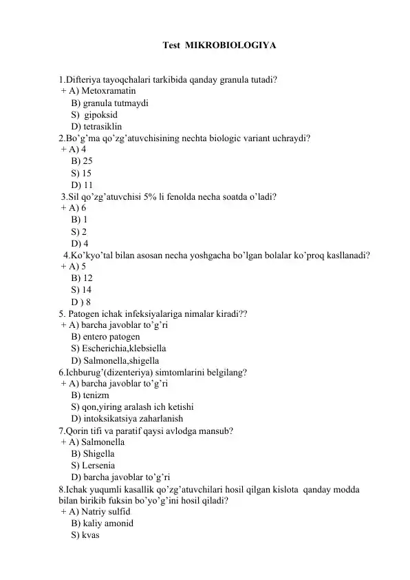 Mikrobiologiya test savollari