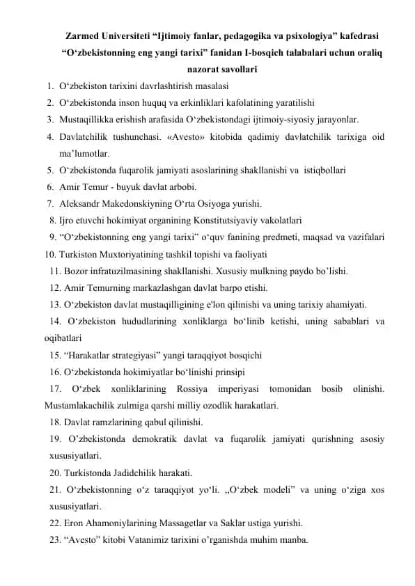 "O‘zbekistonning eng yangi tarixi fanidan I-bosqich talabalari uchun oraliq nazorat savollari"