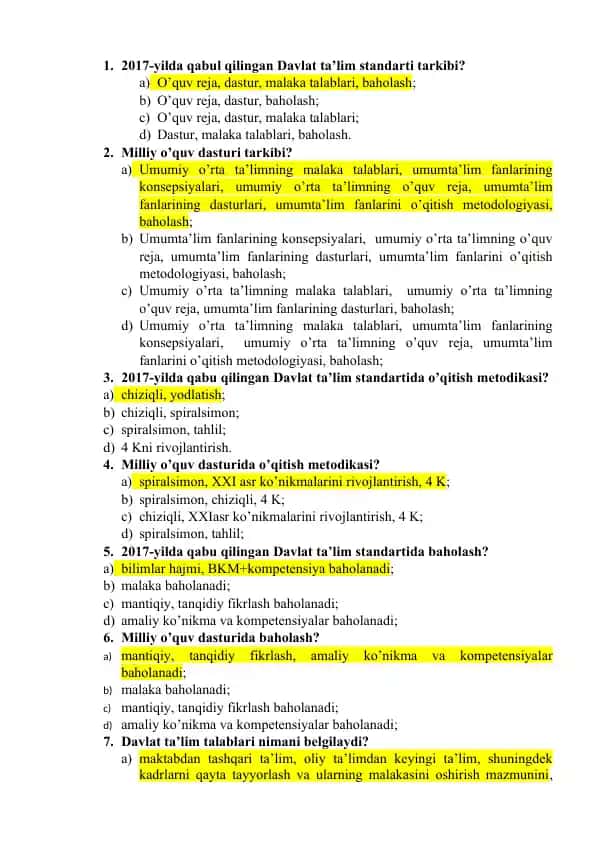Davlat ta’lim standarti tarkibi