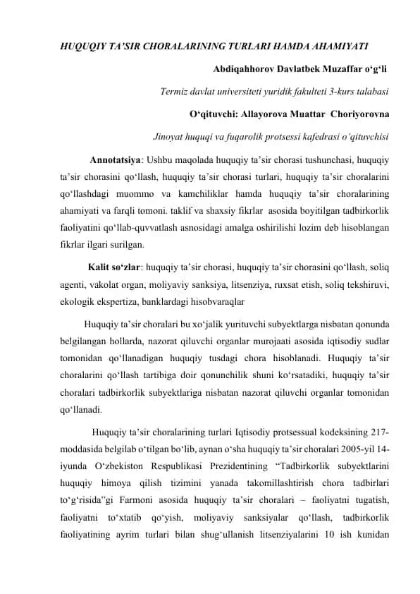 Huquqiy ta’sir choralarining turlari hamda ahamiyati