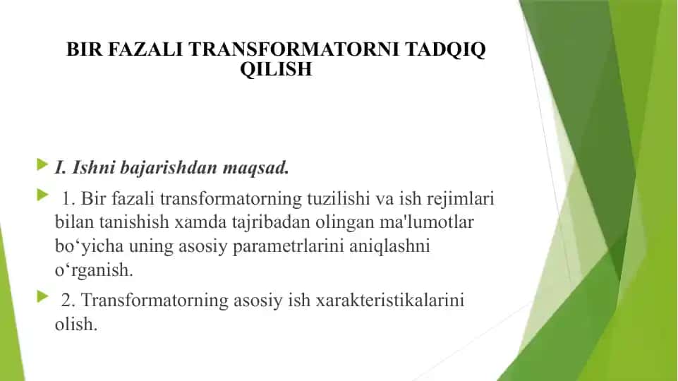 Bir Fazali Transformatorni Tadqiq Qilish