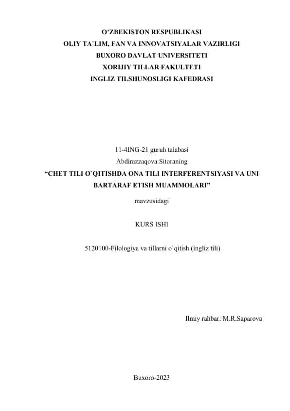 CHET TILI O`QITISHDA ONA TILI INTERFERENTSIYASI VA UNI BARTARAF ETISH MUAMMOLARI