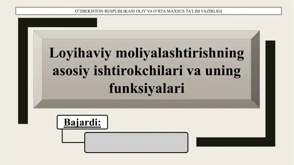 Loyihaviy moliyalashtirishning asosiy ishtirokchilari va uning funksiyalari
