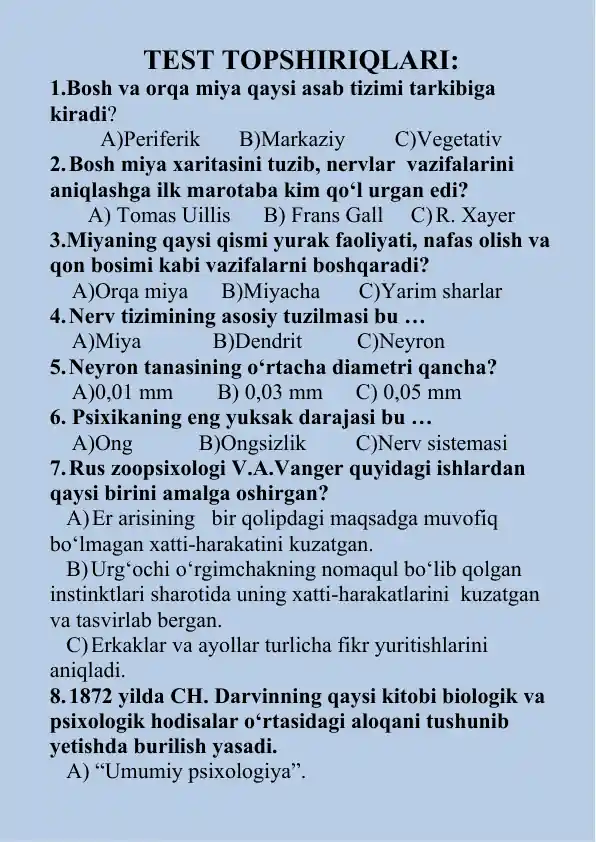 Test topshiriqlari - Asab tizimi va psixologiya