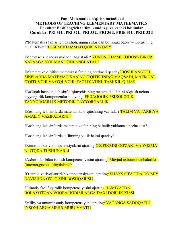 Methods of Teaching Elementary Mathematics
