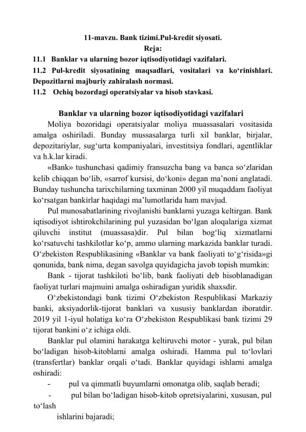 Bank tizimi.Pul-kredit siyosati