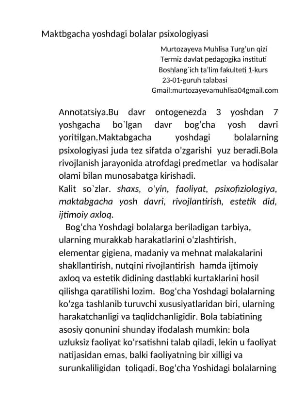 Maktabgacha yoshdagi bolalar psixologiyasi