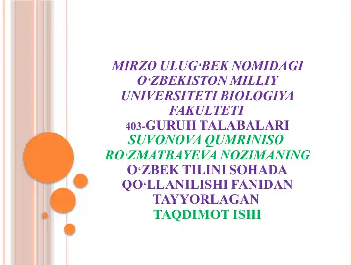 O'zbek tilini sohada qo'llanilishi fanidan taqdimot ishi