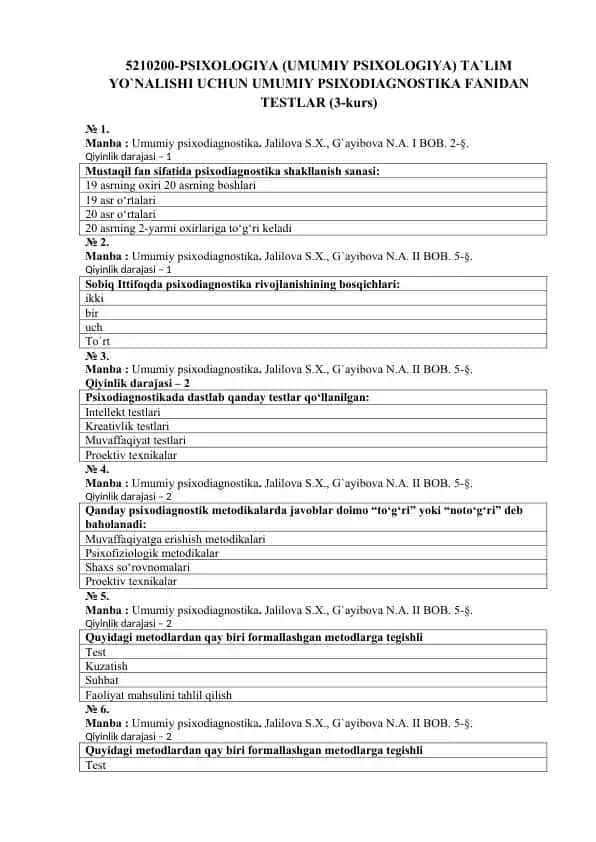 Umumiy psixodiagnostika fanidan testlar (3-kurs)