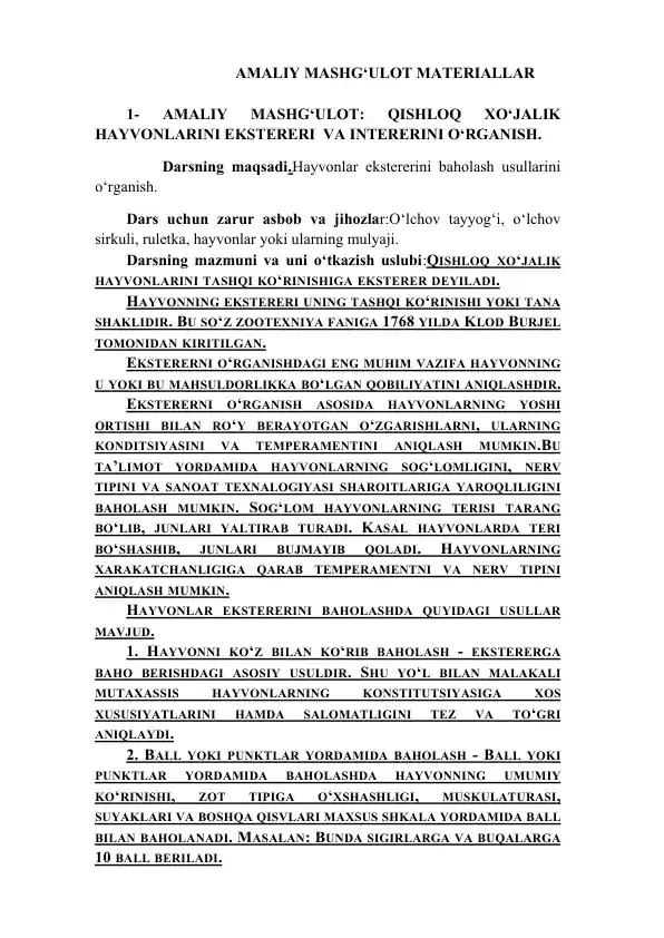 Qishloq xo‘jalik hayvonlarini ekstereri va intererini o‘rganish