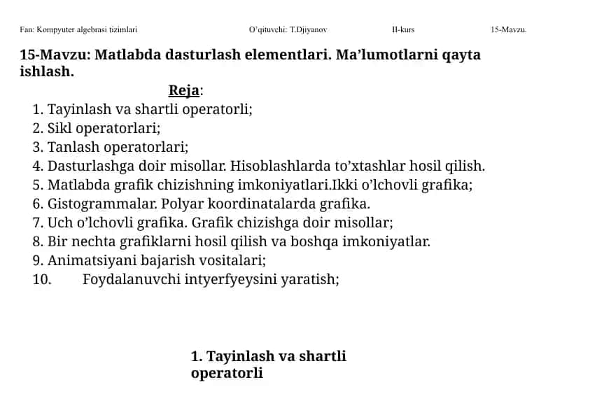 Matlabda dasturlashelementlari.Ma’lumotlarni qaytaishlash